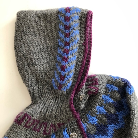 Women's Hand Knit Chunky Heavy Weight Fairisle Hooded Sweater Gray Blue … - Picture 9 of 11